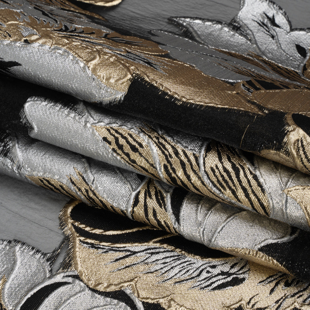 Metallic Gold, Silver and Black Fantastic Flowers Luxury Burnout Brocade