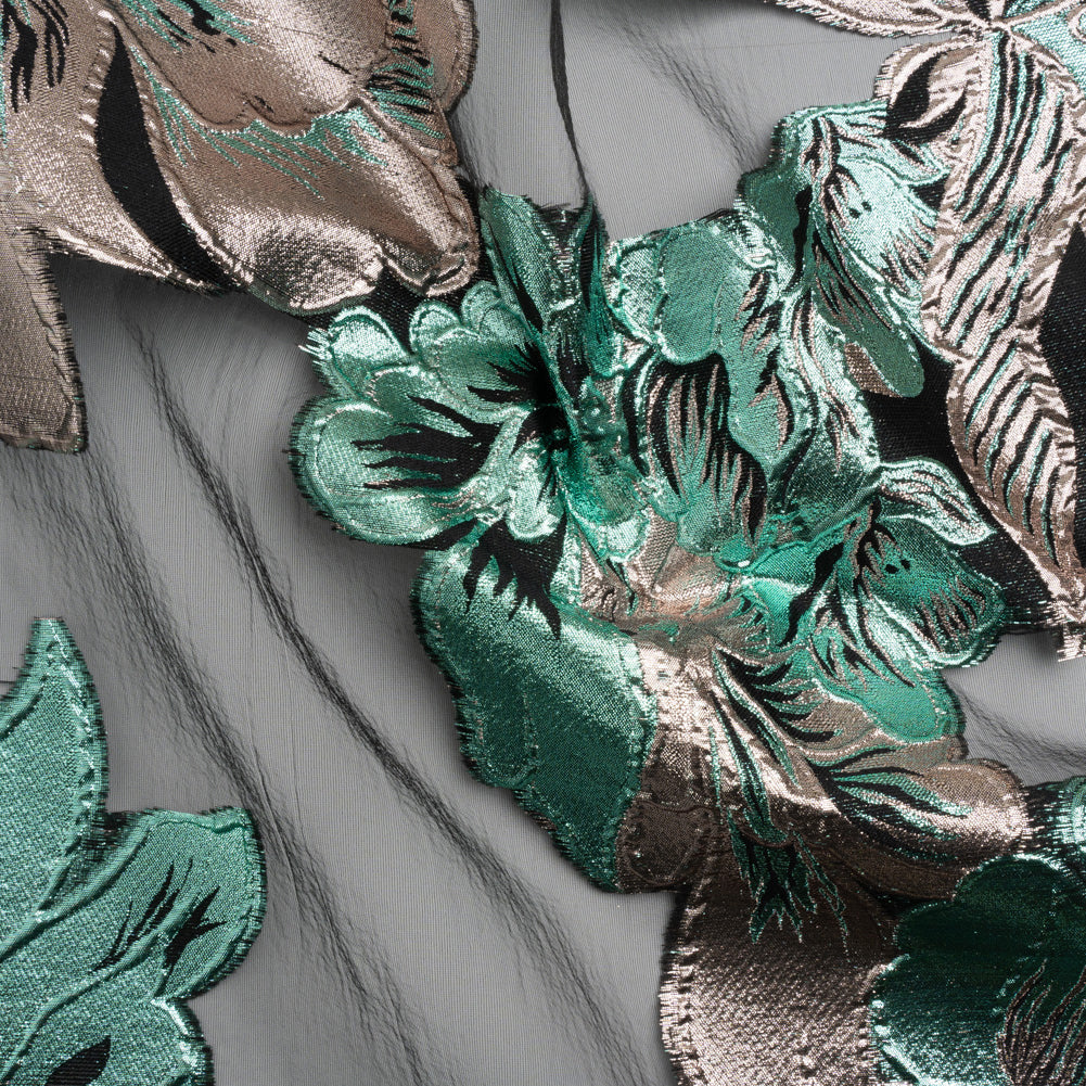 Metallic Rose Gold, Aqua and Black Fantastic Flowers Luxury Burnout Brocade
