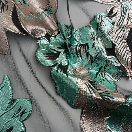 Metallic Rose Gold, Aqua and Black Fantastic Flowers Luxury Burnout Brocade