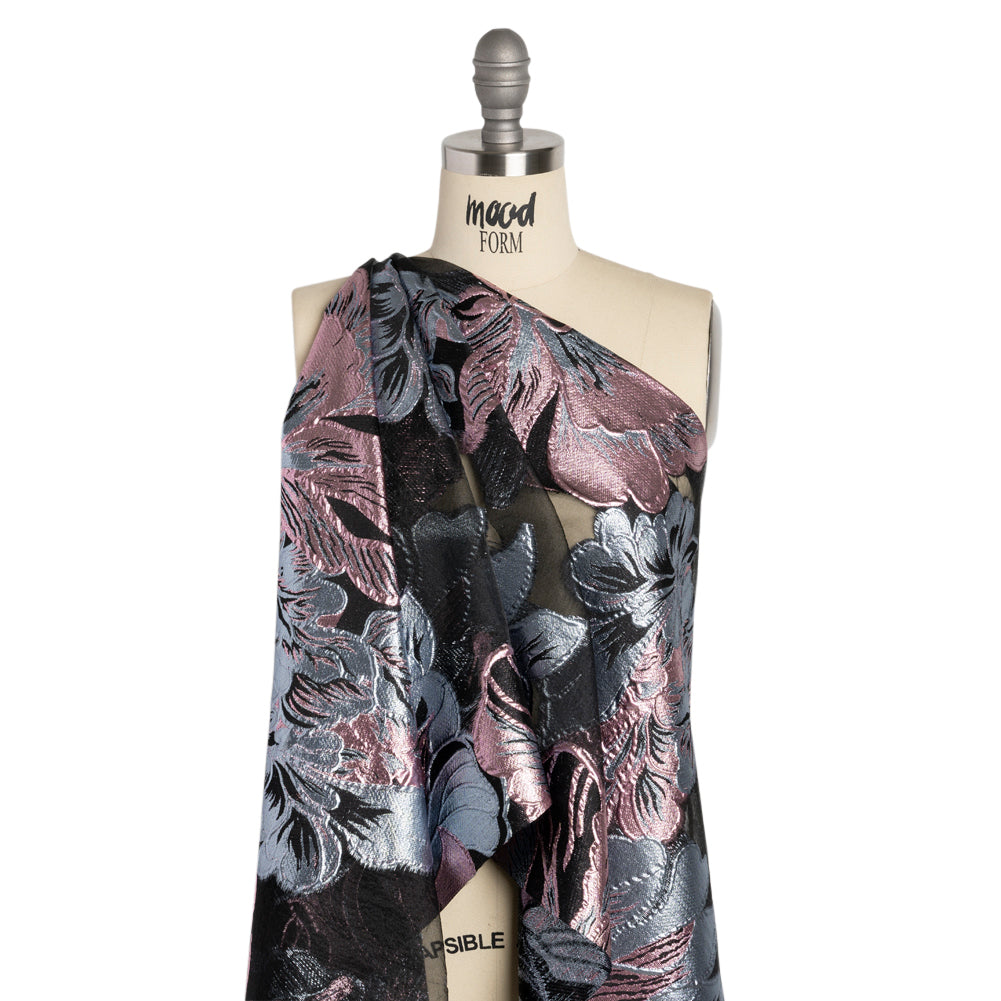 Metallic Pink, Blue Gray and Black Fantastic Flowers Luxury Burnout Brocade