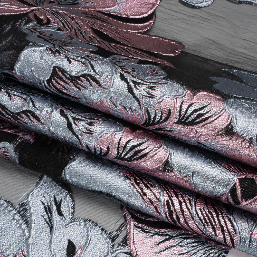 Metallic Pink, Blue Gray and Black Fantastic Flowers Luxury Burnout Brocade