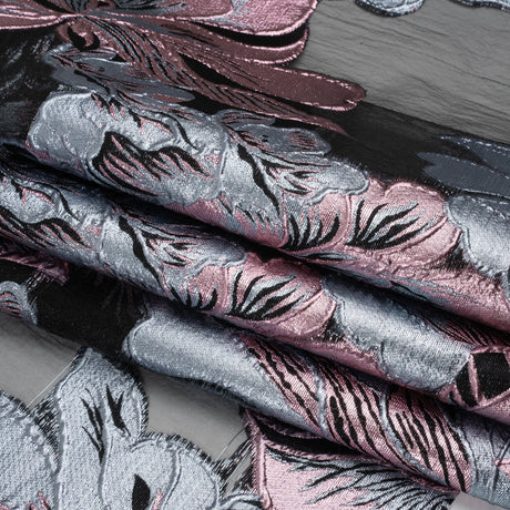 Metallic Pink, Blue Gray and Black Fantastic Flowers Luxury Burnout Brocade