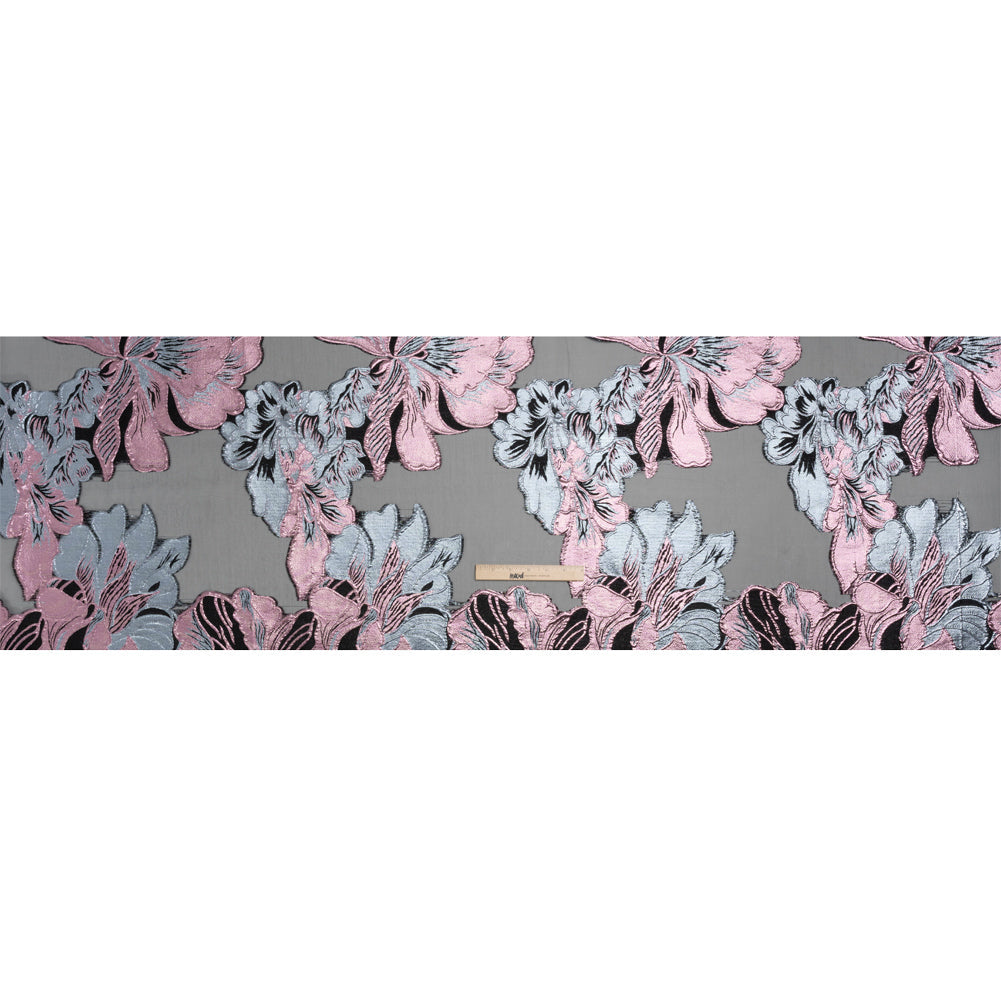Metallic Pink, Blue Gray and Black Fantastic Flowers Luxury Burnout Brocade
