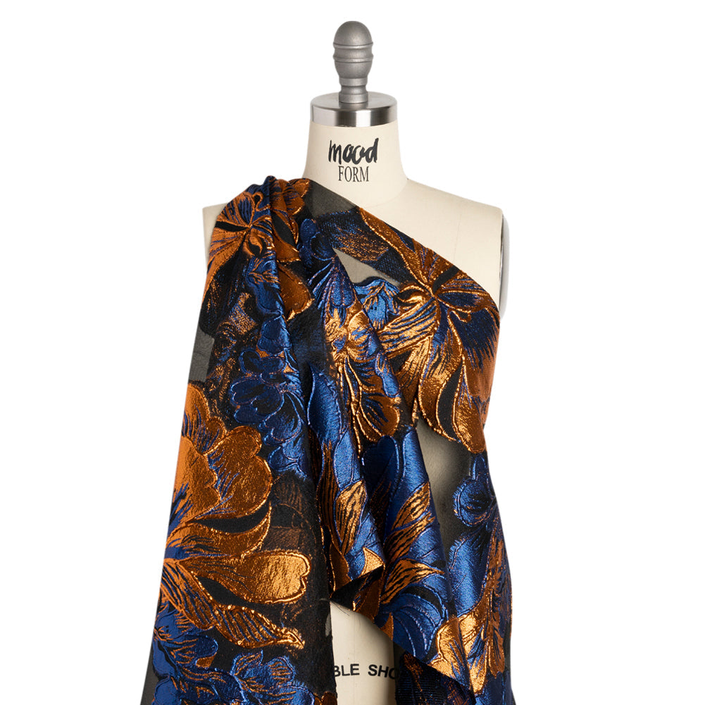 Metallic Royal Blue, Orange and Black Fantastic Flowers Luxury Burnout Brocade
