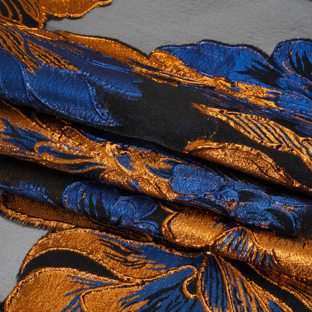 Metallic Royal Blue, Orange and Black Fantastic Flowers Luxury Burnout Brocade