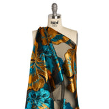 Metallic Teal, Orange and Black Fantastic Flowers Luxury Burnout Brocade