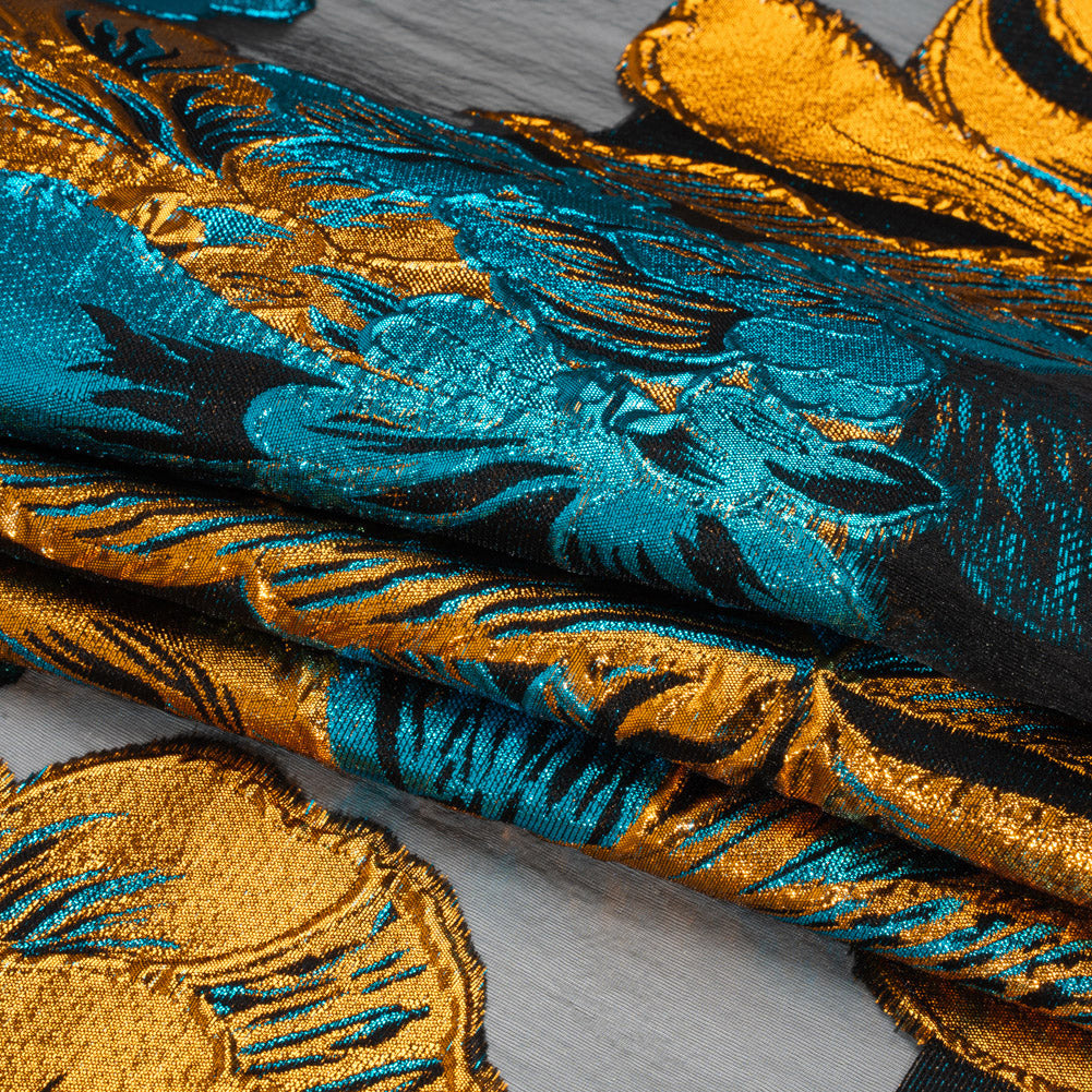 Metallic Teal, Orange and Black Fantastic Flowers Luxury Burnout Brocade
