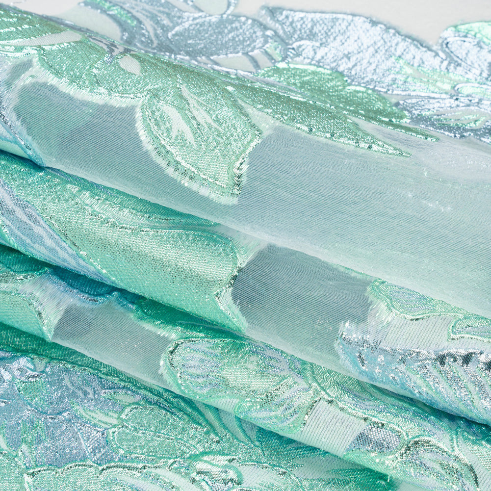 Metallic Aqua, Sky Blue and Off White Fantastic Flowers Luxury Burnout Brocade