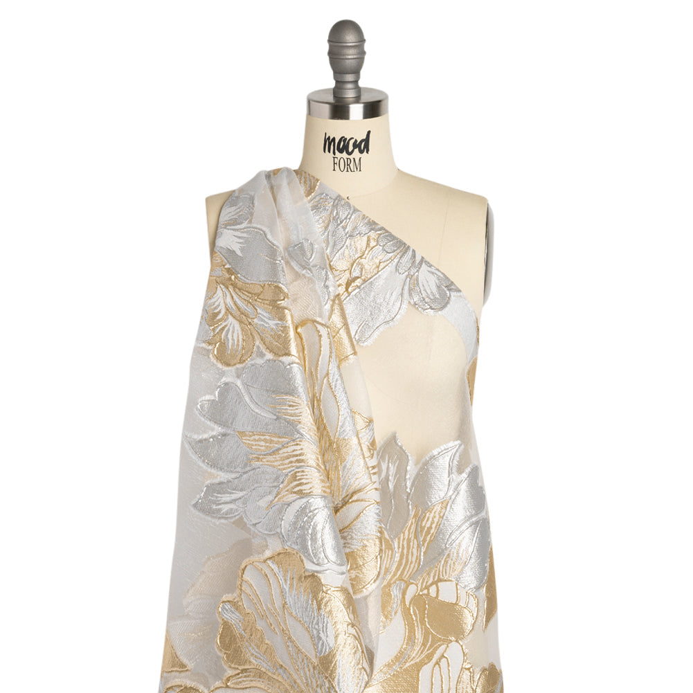Metallic Gold, Silver and White Fantastic Flowers Luxury Burnout Brocade