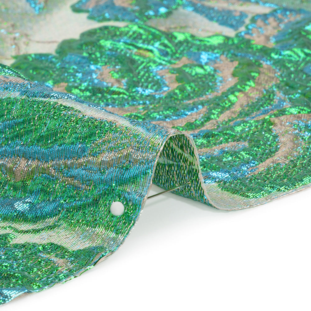 Metallic Green, Blue and Pale Gold Radiant Roses Luxury Brocade