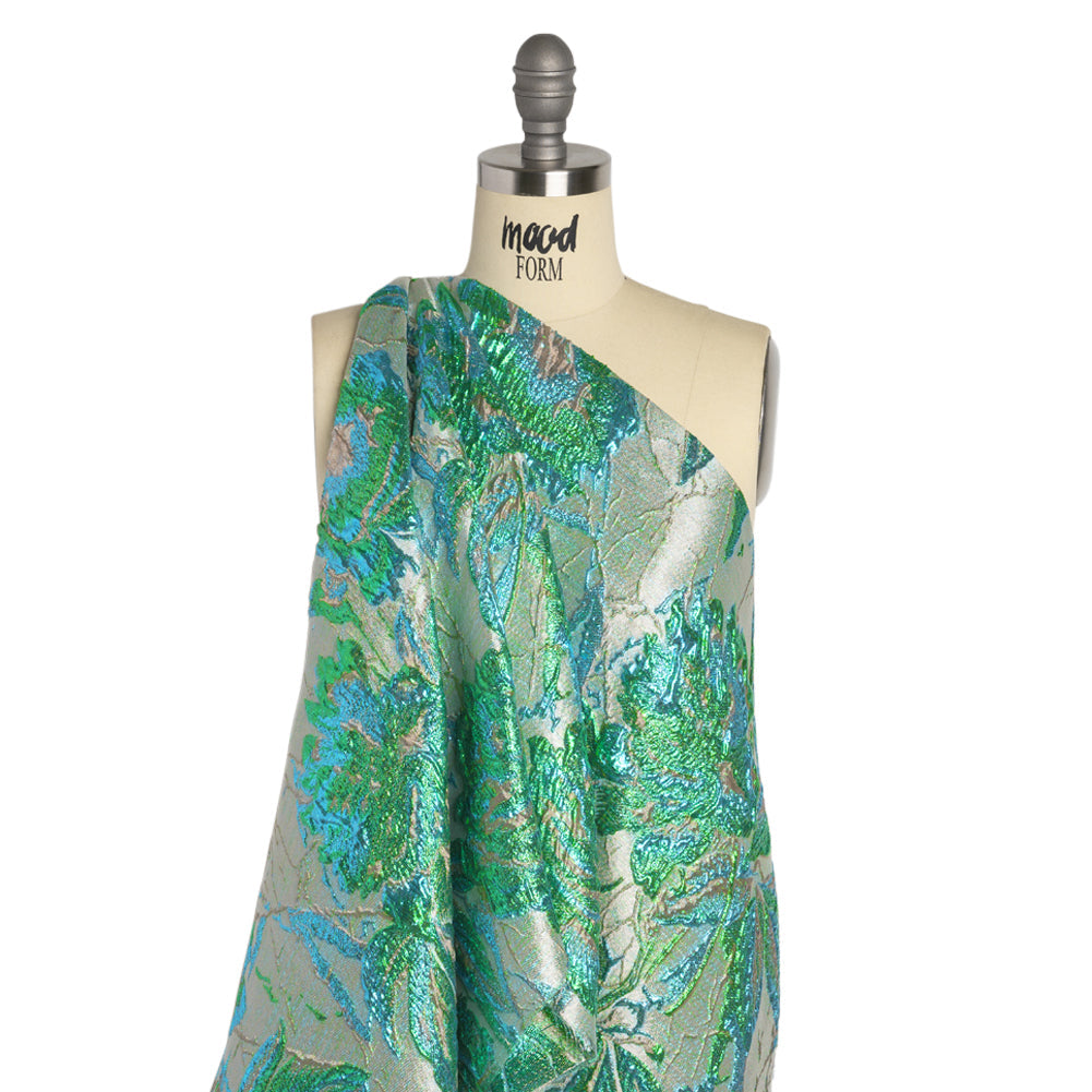 Metallic Green, Blue and Pale Gold Radiant Roses Luxury Brocade