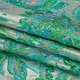 Metallic Green, Blue and Pale Gold Radiant Roses Luxury Brocade