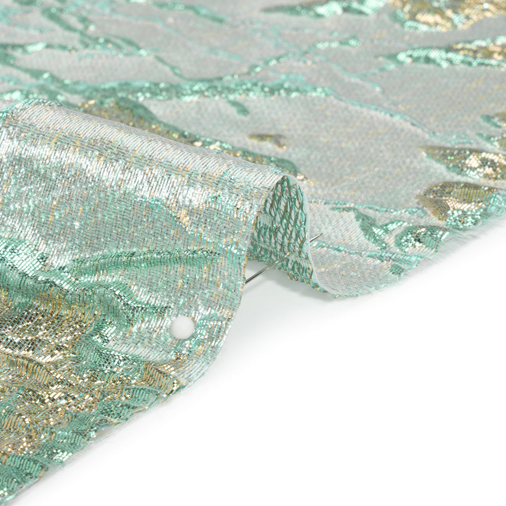 Metallic Light Blue, Gold and Aqua Radiant Roses Luxury Brocade