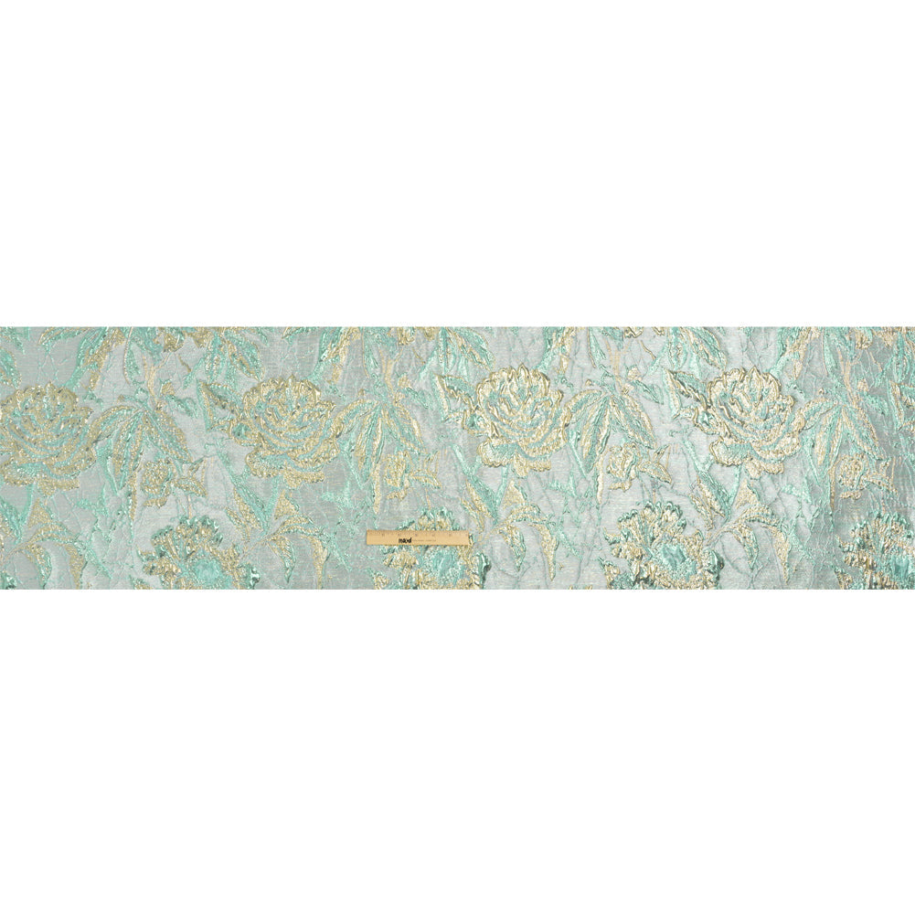 Metallic Light Blue, Gold and Aqua Radiant Roses Luxury Brocade