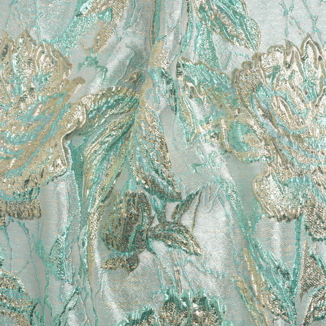 Metallic Light Blue, Gold and Aqua Radiant Roses Luxury Brocade