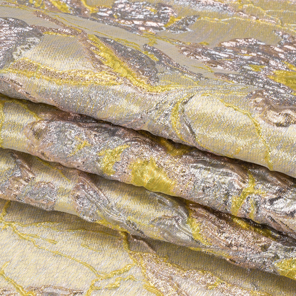 Metallic Pale Blue, Yellow and Rose Gold Radiant Roses Luxury Brocade