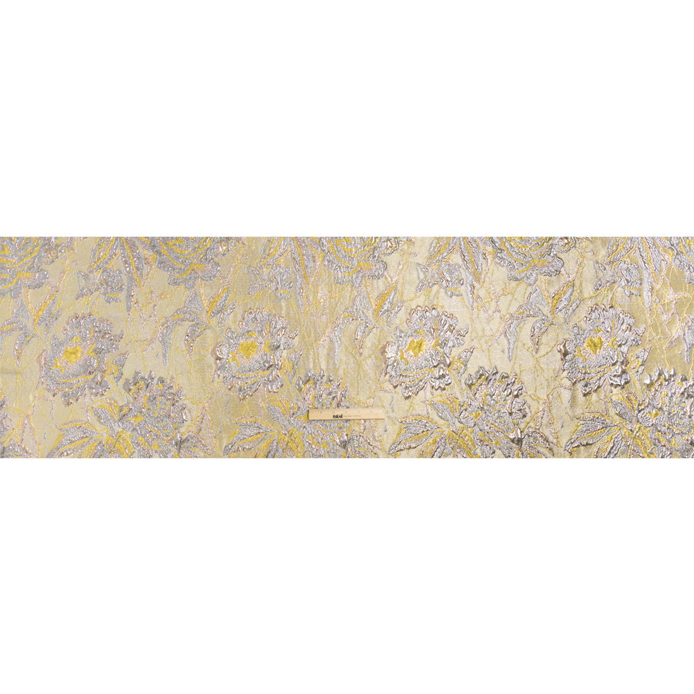 Metallic Pale Blue, Yellow and Rose Gold Radiant Roses Luxury Brocade