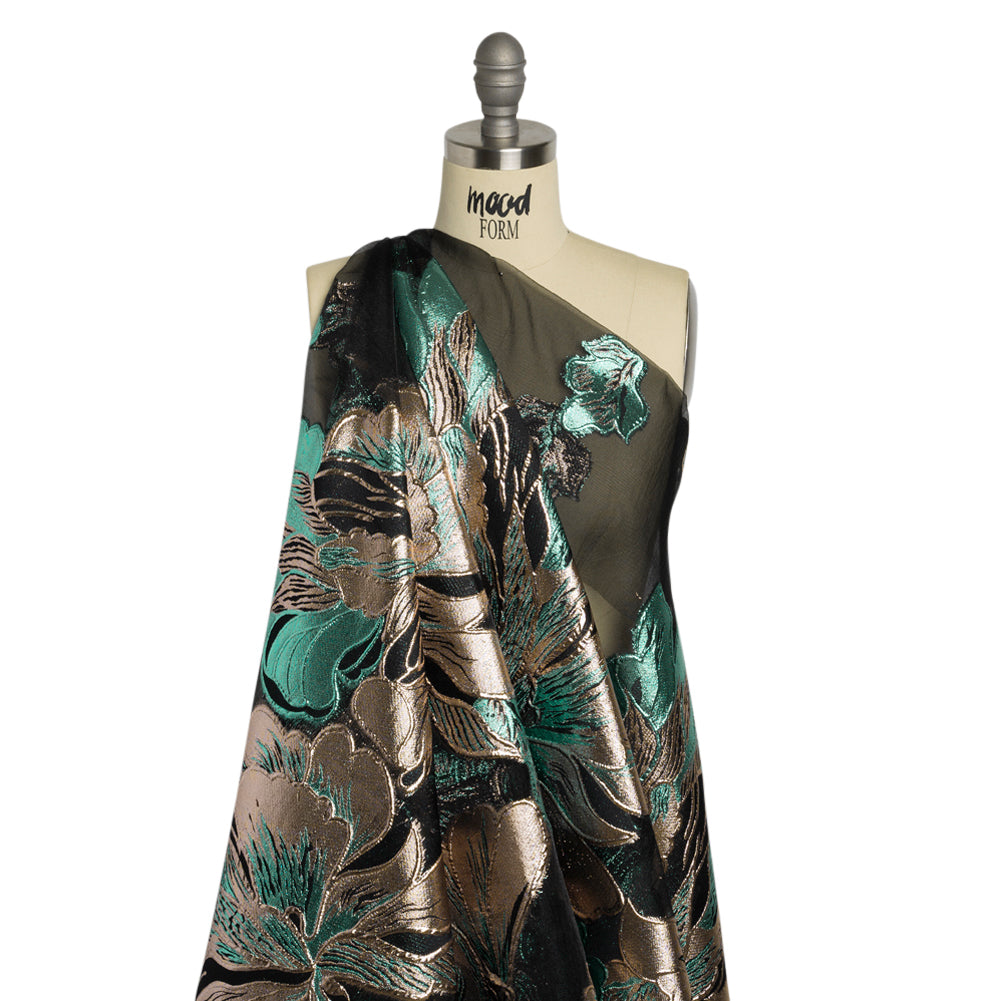 Metallic Turquoise, Silver and Black Floral Luxury Burnout Brocade Panel