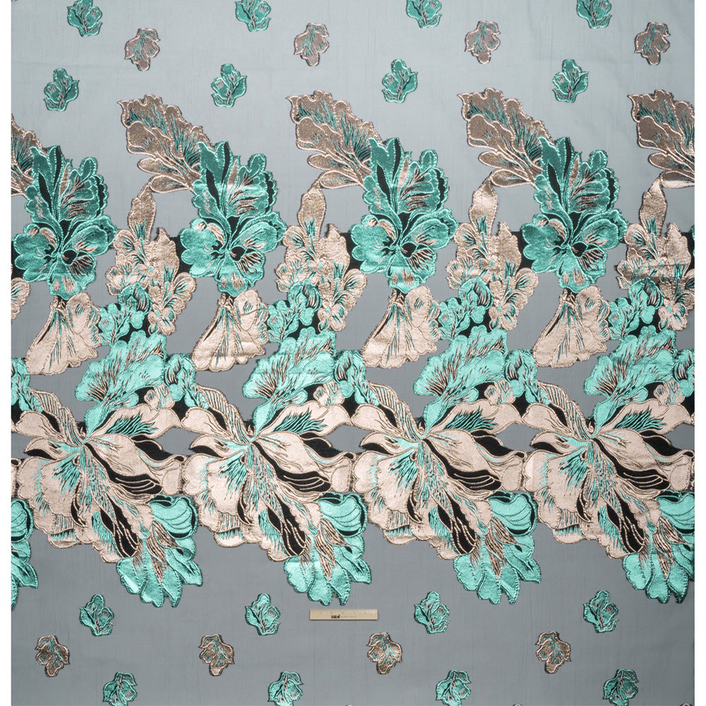 Metallic Turquoise, Silver and Black Floral Luxury Burnout Brocade Panel