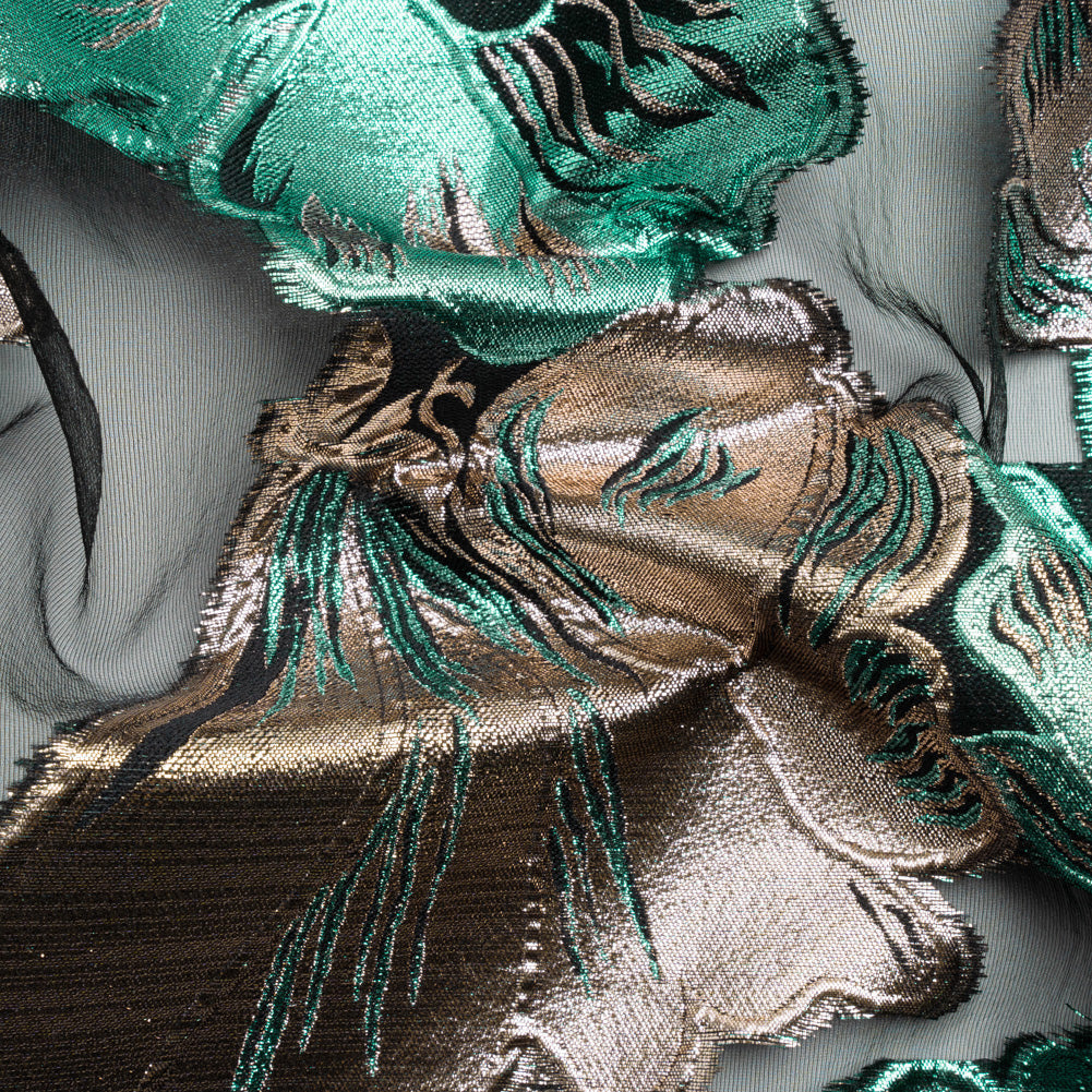 Metallic Turquoise, Silver and Black Floral Luxury Burnout Brocade Panel