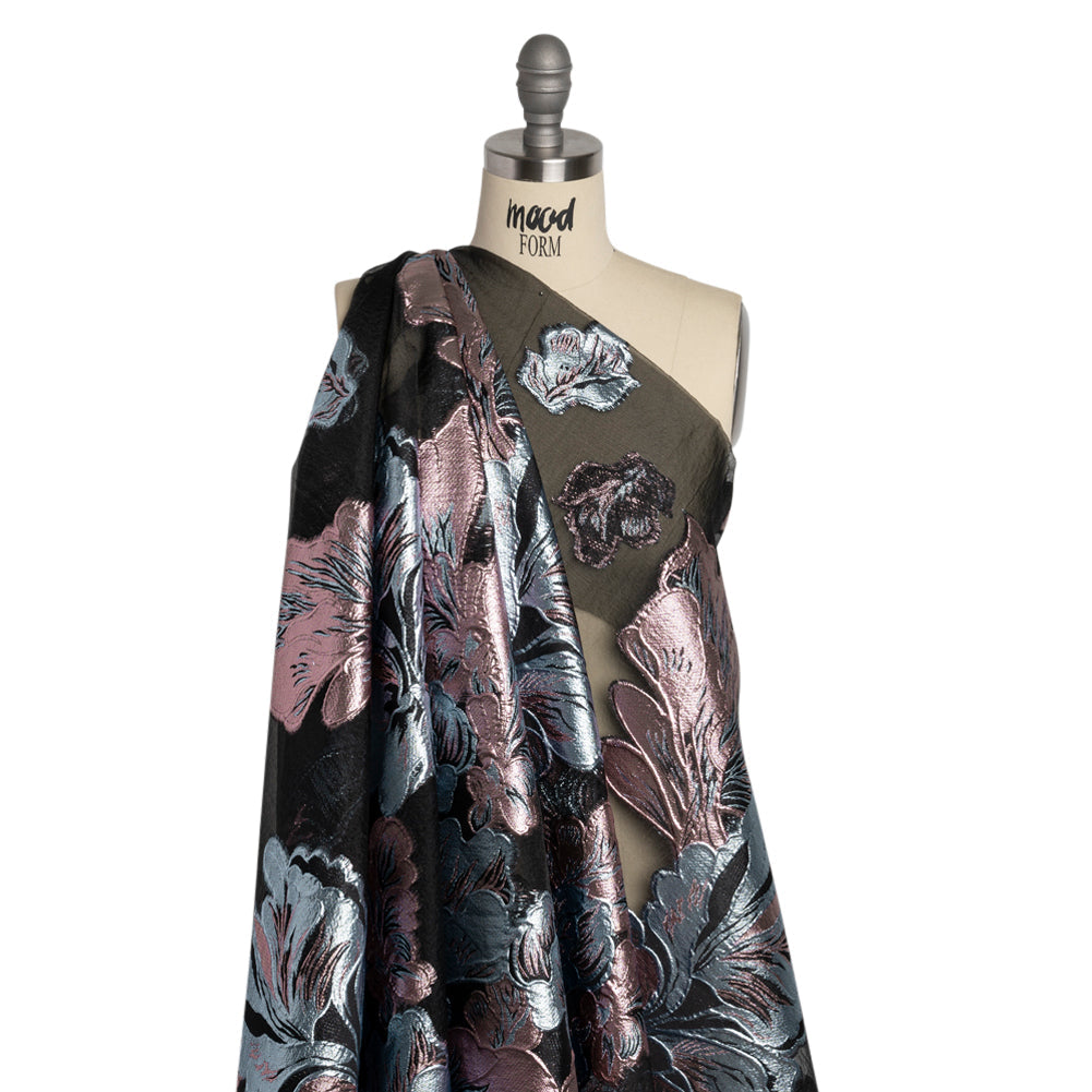Metallic Pink, Baby Blue and Black Floral Luxury Burnout Brocade Panel
