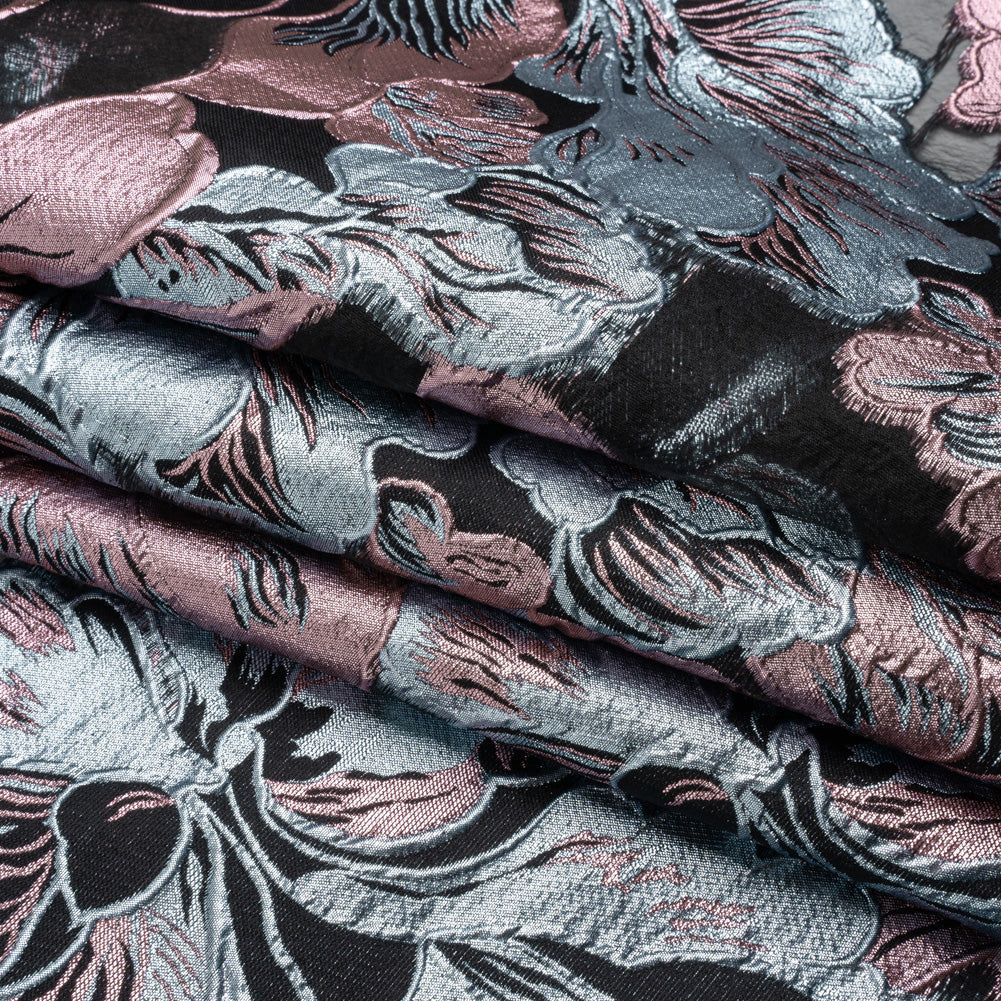 Metallic Pink, Baby Blue and Black Floral Luxury Burnout Brocade Panel