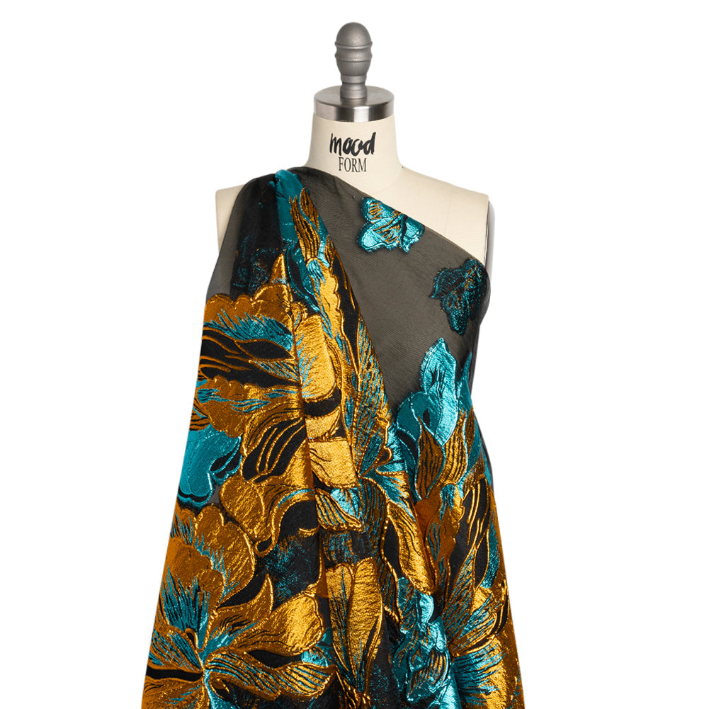 Metallic Teal, Orange and Black Floral Luxury Burnout Brocade Panel