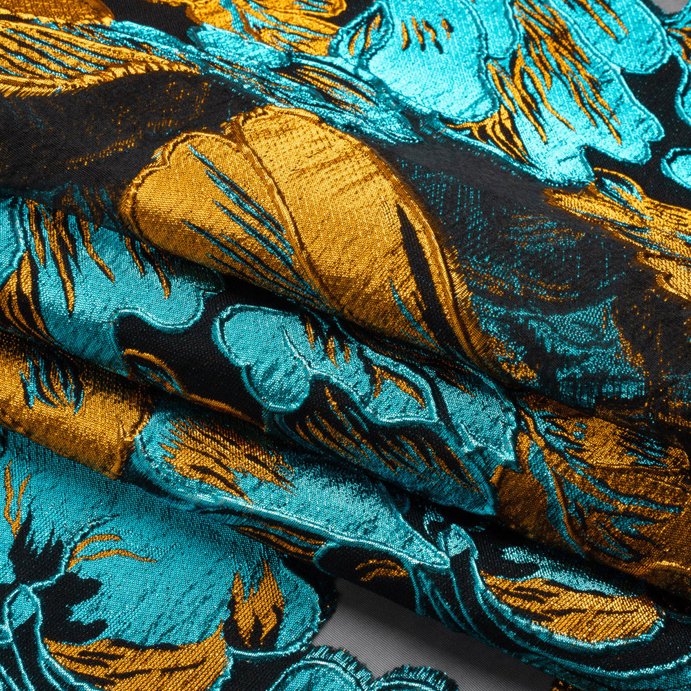 Metallic Teal, Orange and Black Floral Luxury Burnout Brocade Panel
