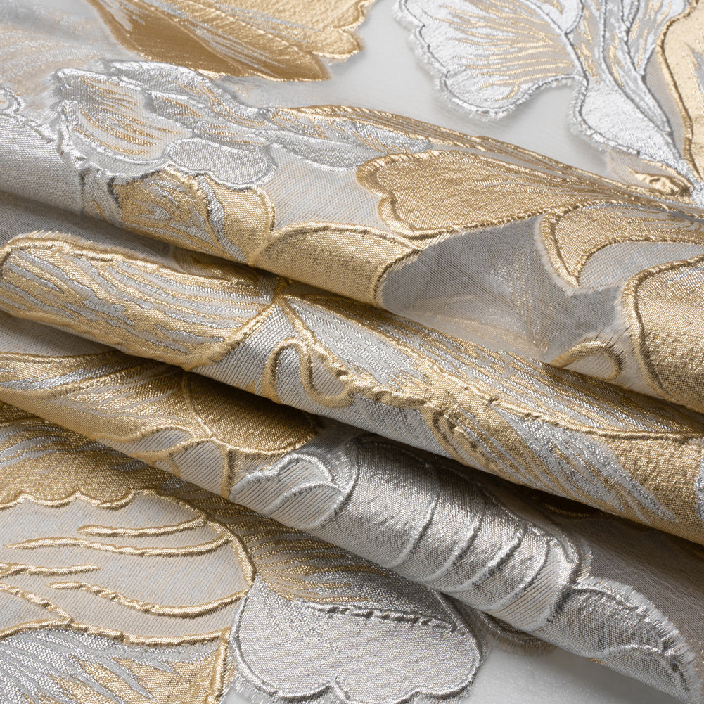 Metallic Gold, Silver and White Floral Luxury Burnout Brocade Panel