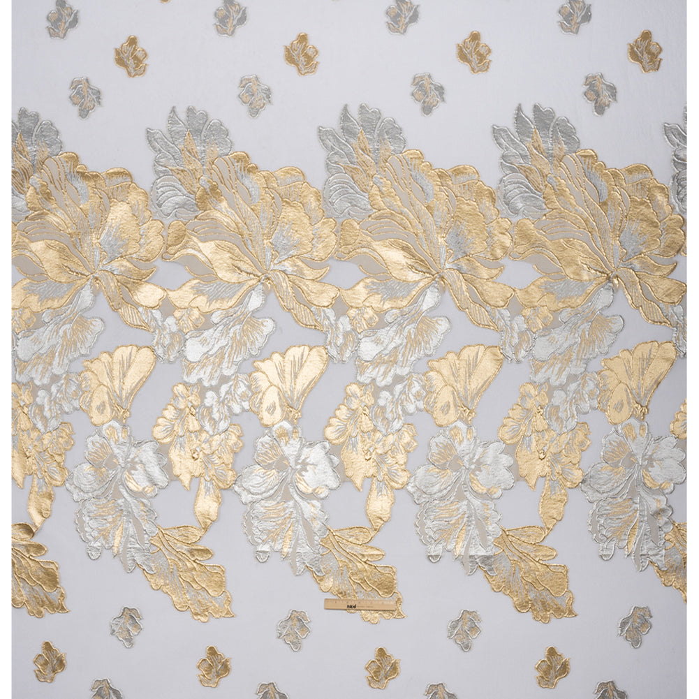 Metallic Gold, Silver and White Floral Luxury Burnout Brocade Panel