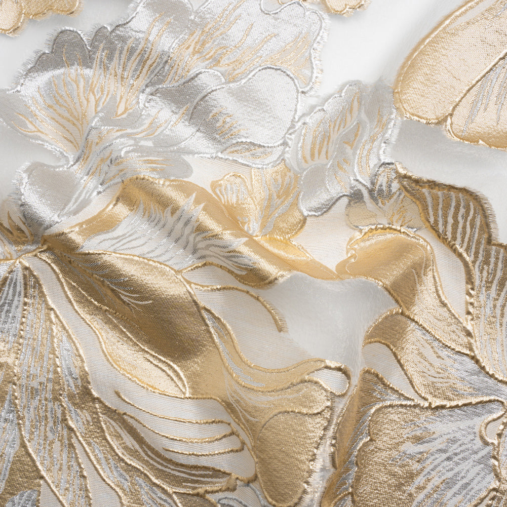 Metallic Gold, Silver and White Floral Luxury Burnout Brocade Panel