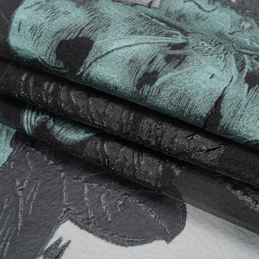 Metallic Black and Steel Blue Big Florals Luxury Burnout Brocade