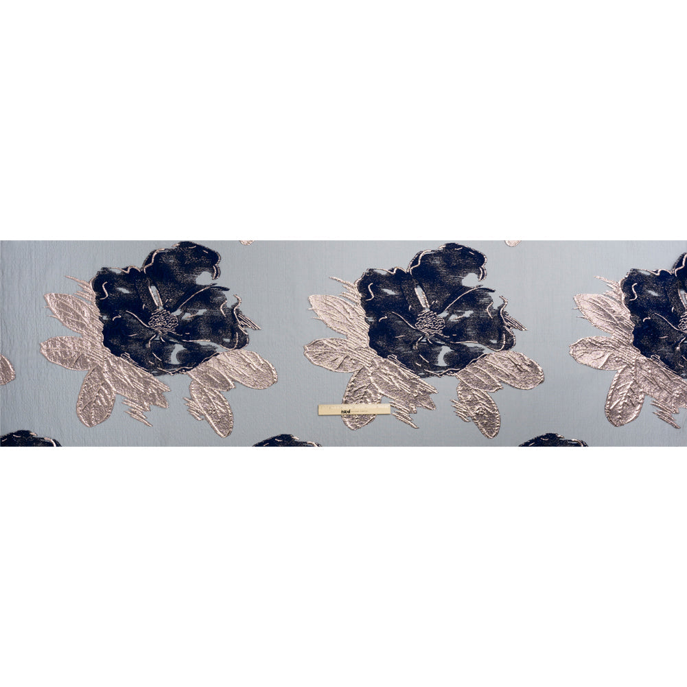 Metallic Rose Gold and Navy Big Florals Luxury Burnout Brocade