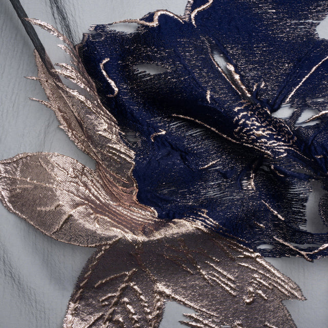 Metallic Rose Gold and Navy Big Florals Luxury Burnout Brocade