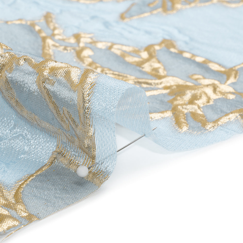 Metallic Gold and Sky Blue Floating Flowers Luxury Burnout Brocade