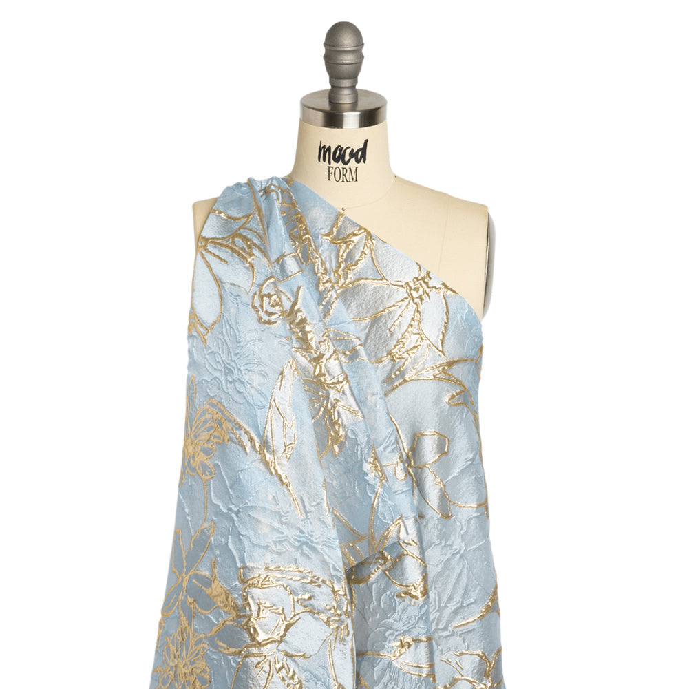 Metallic Gold and Sky Blue Floating Flowers Luxury Burnout Brocade