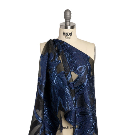Metallic Navy and Black Twirling Tulips Luxury Burnout Brocade