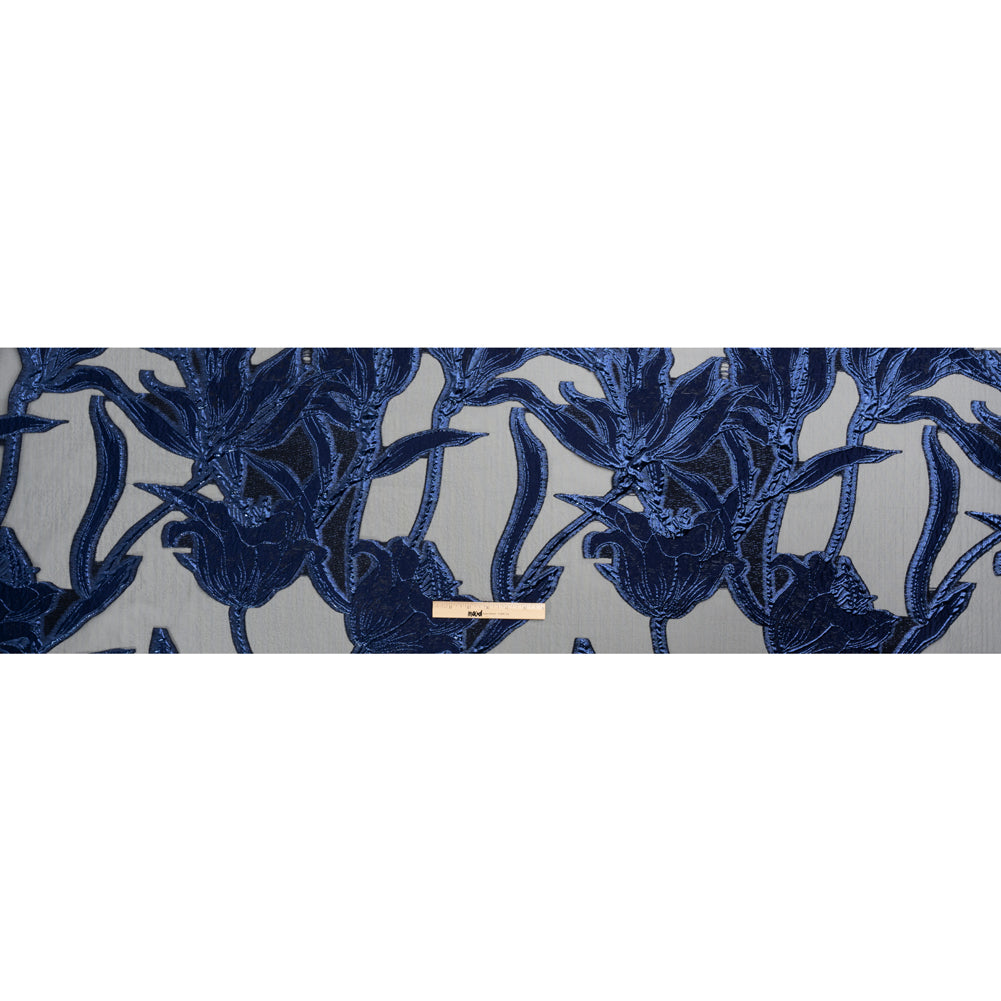 Metallic Navy and Black Twirling Tulips Luxury Burnout Brocade