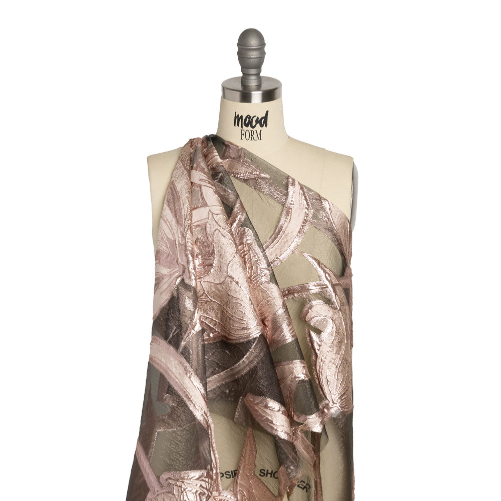 Metallic Rose Gold and Black Twirling Tulips Luxury Burnout Brocade