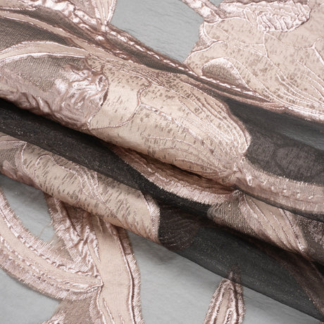 Metallic Rose Gold and Black Twirling Tulips Luxury Burnout Brocade