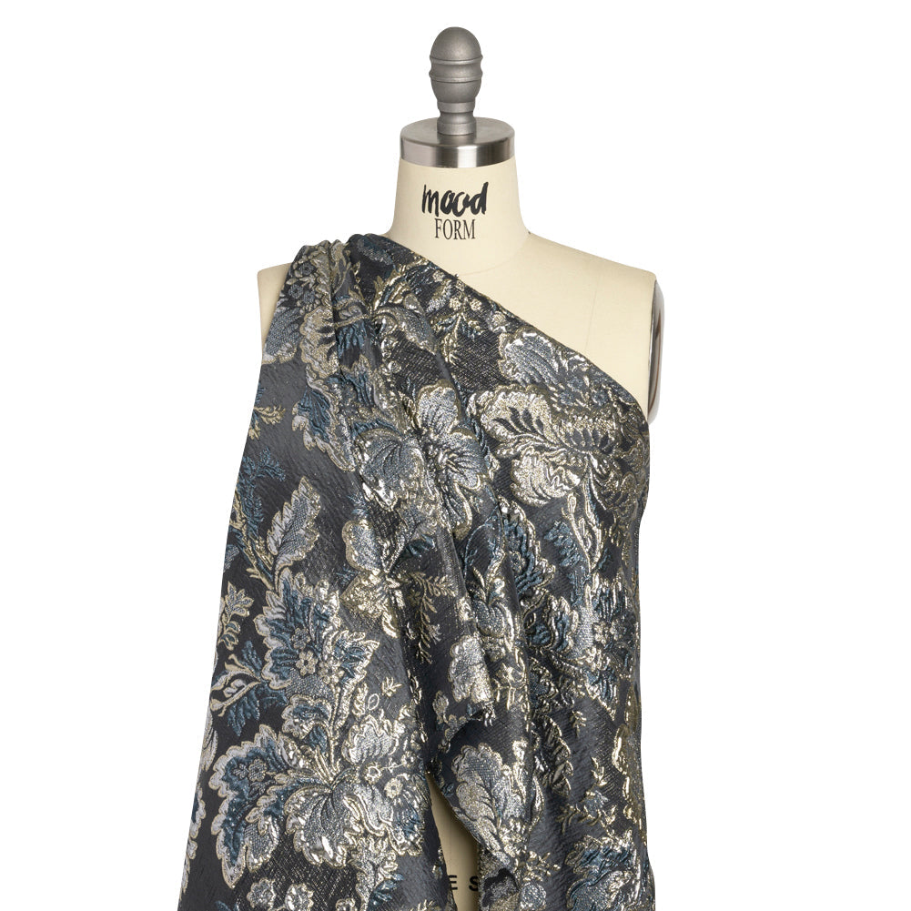 Metallic Silver, Gold and Charcoal Floral Delight Luxury Brocade