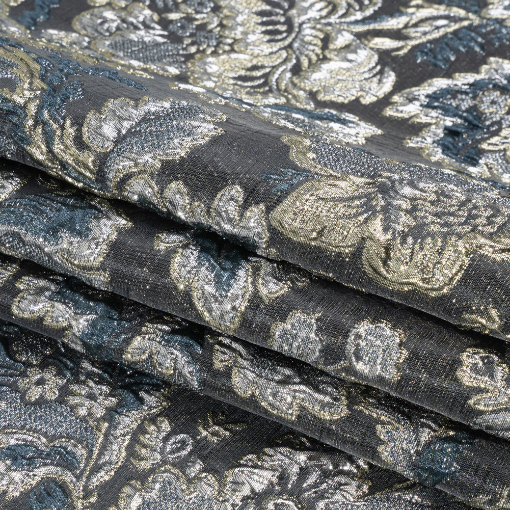 Metallic Silver, Gold and Charcoal Floral Delight Luxury Brocade