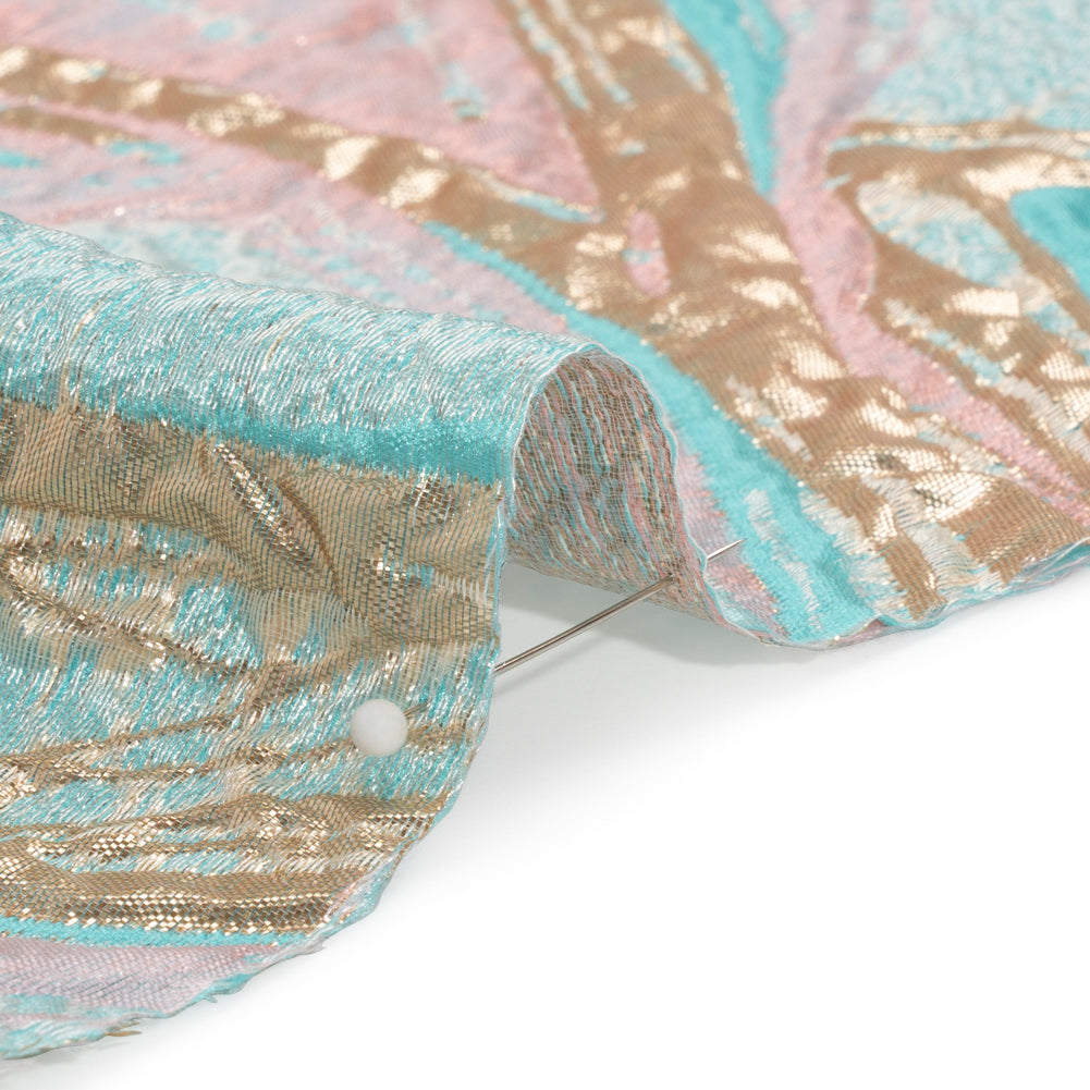 Metallic Gold, Turquoise and Pink Flowing Lines Luxury Brocade