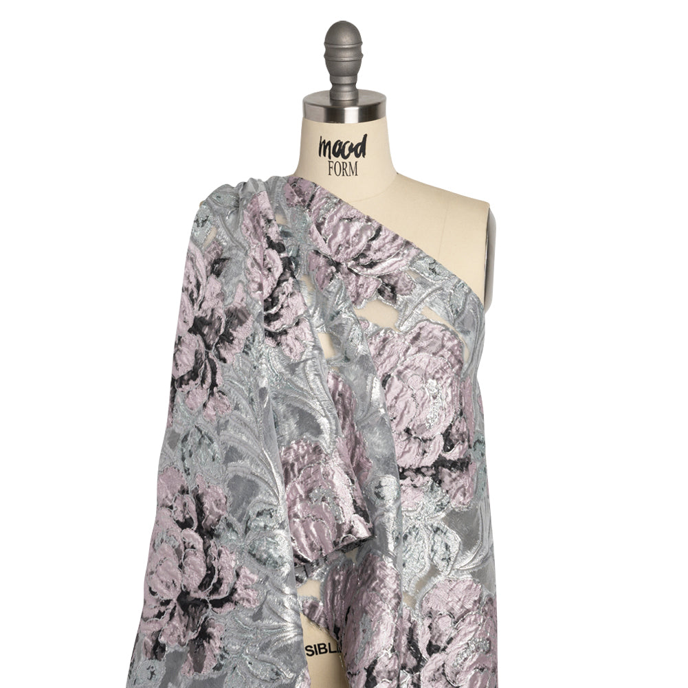 Metallic Silver, Pink and Black Floral Luxury Burnout Brocade