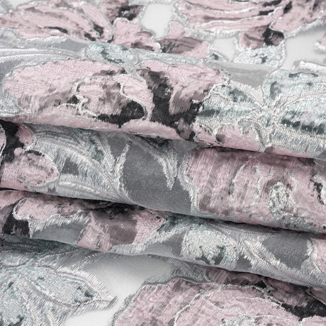 Metallic Silver, Pink and Black Floral Luxury Burnout Brocade