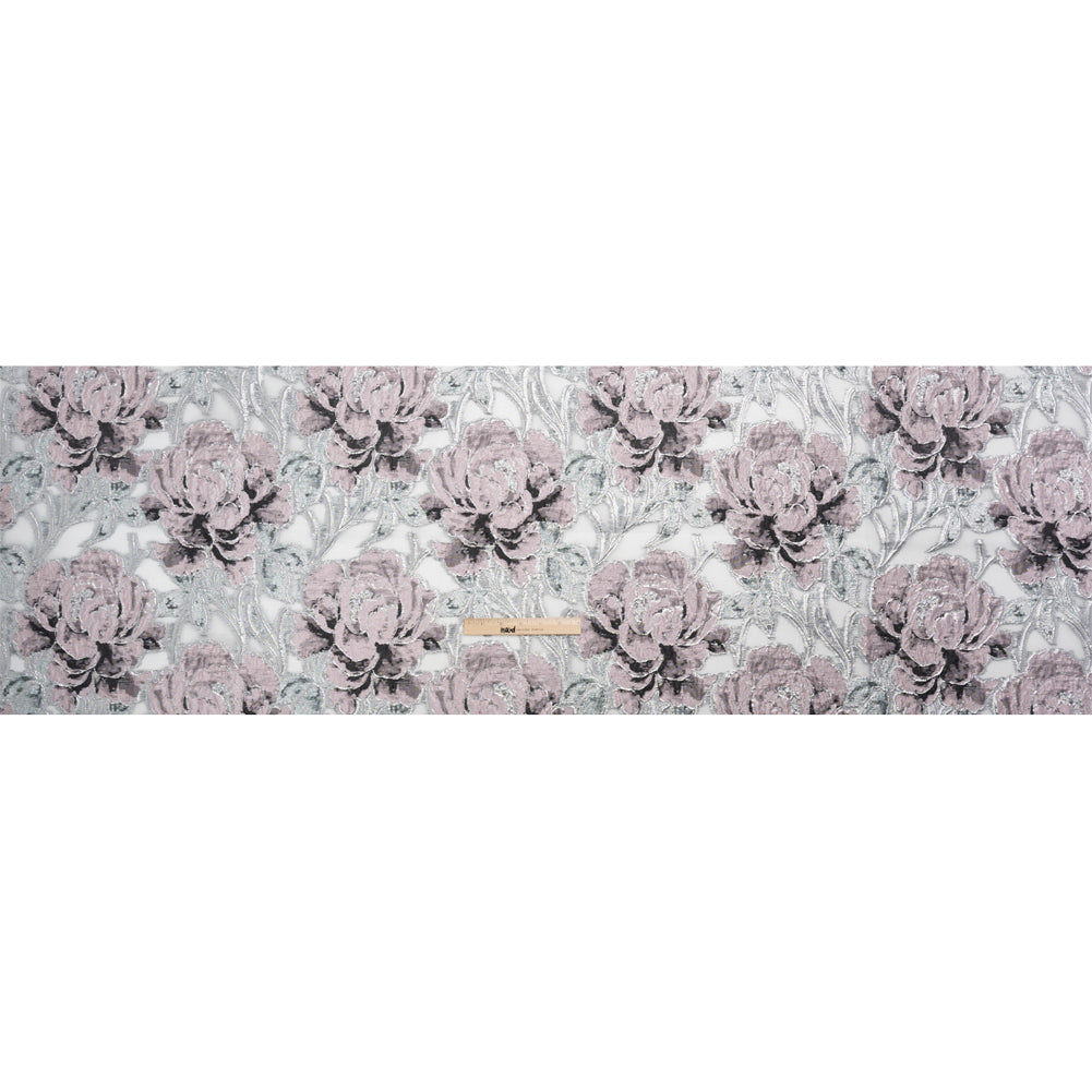 Metallic Silver, Pink and Black Floral Luxury Burnout Brocade