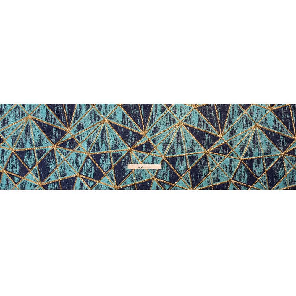 Metallic Gold, Turquoise and Navy Geometric Distress Luxury Brocade