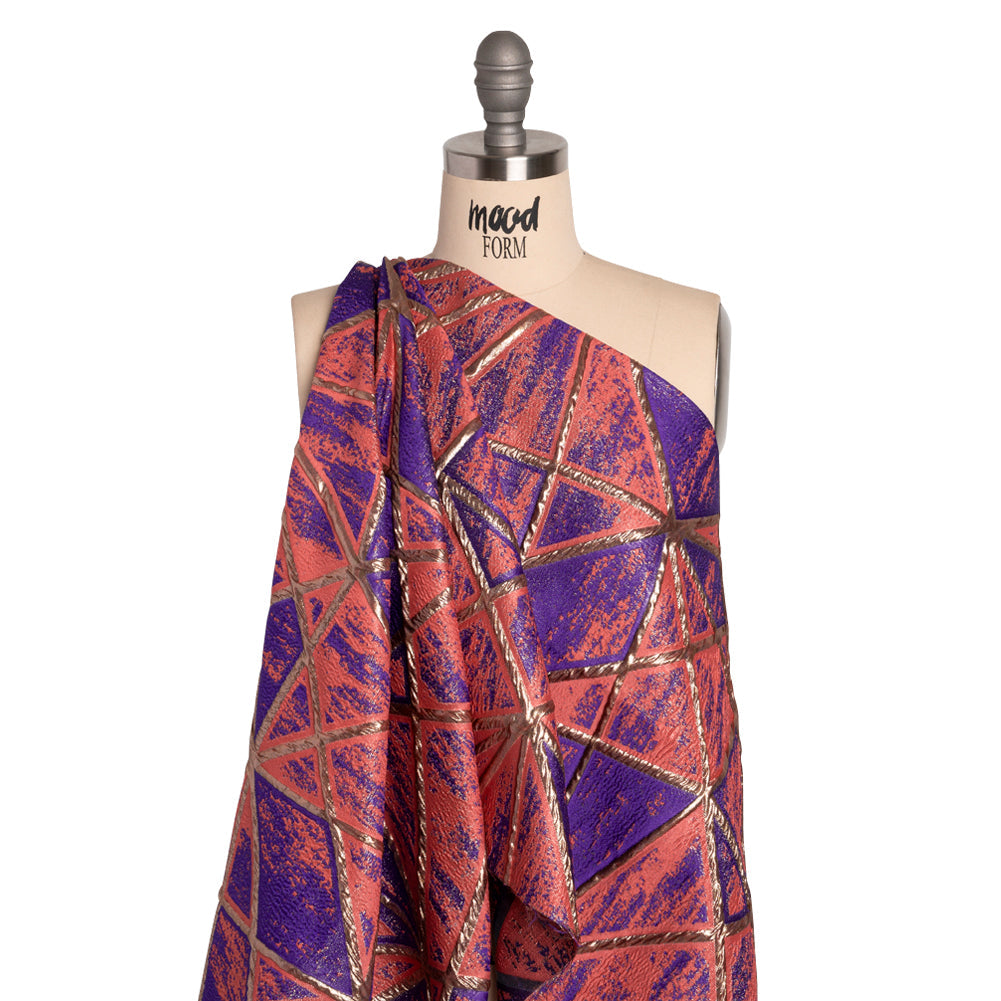 Metallic Gold, Light Red and Purple Geometric Distress Luxury Brocade