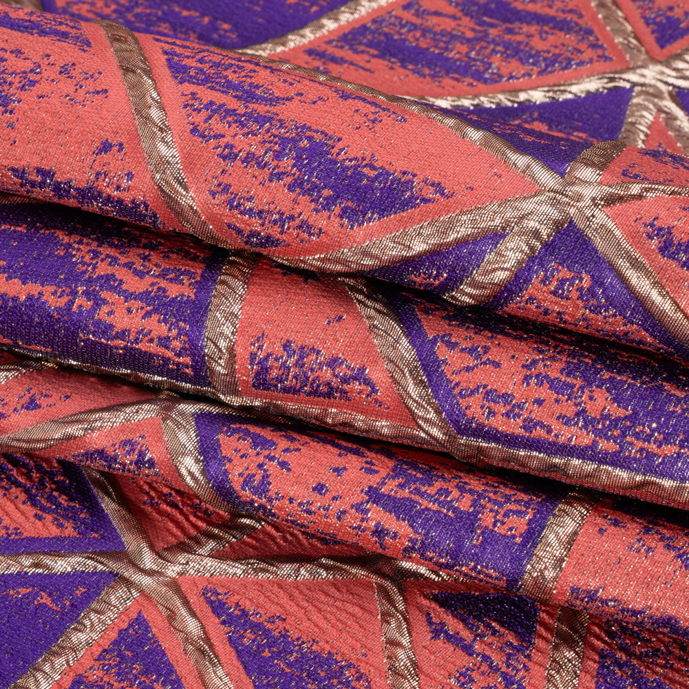 Metallic Gold, Light Red and Purple Geometric Distress Luxury Brocade