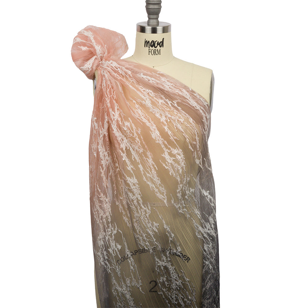 Embroidered Soft Pleated Tulle with Sequins - Charcoal and Blush Ombre Abstract - Sequoia Collection